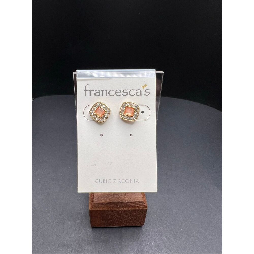 New Francesca's Cubic Zirconia Peach Pink Cushion Halo Stud Earrings